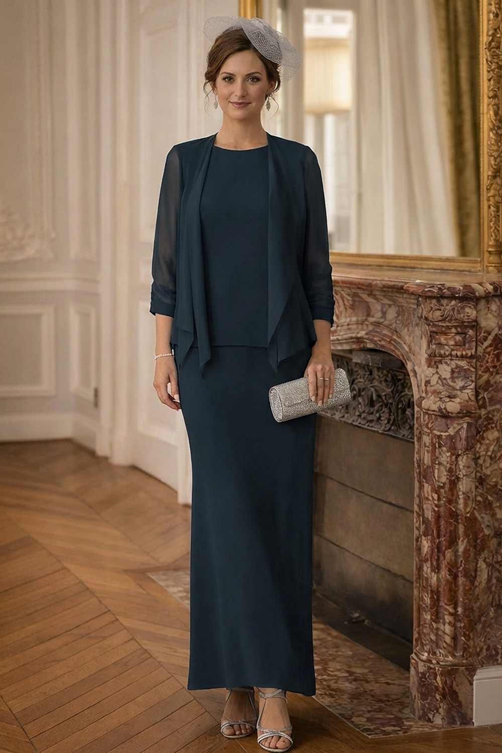 Duas Peças Tubinho Longo Vestido de convidada de casamento Vestido Para Mãe dos Noivos Manga Longa Scoop pescoço Elegante Formal Convidado do casamento Chiffon Embrulho incluido com Cor Única de 2026 por $142.99 –P7