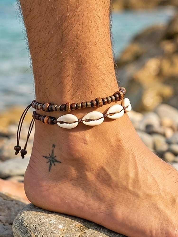 Pánská sada bohémských náramků na kotník z mušlí cowrie a dřevěných korálků, 2 ks ručně vyráběných kmenových nastavitelných šperků na nohy pro letní dovolenou u pláže a každodenní nošení. 2026 - $7.99 –P2