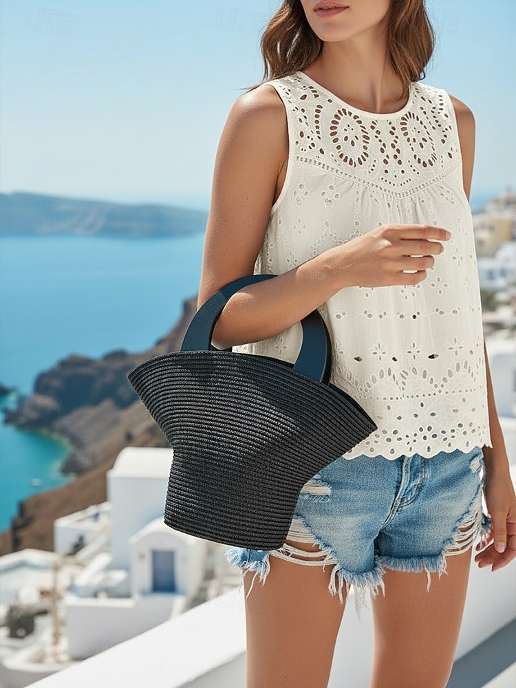 Duża damska torebka ze słomy plecionej, wielokolorowa, z ekologicznego plecionego materiału, stylowa letnia torba, idealna na co dzień, na wakacje na plaży i do kurortu 2026 - $24.99 –P4