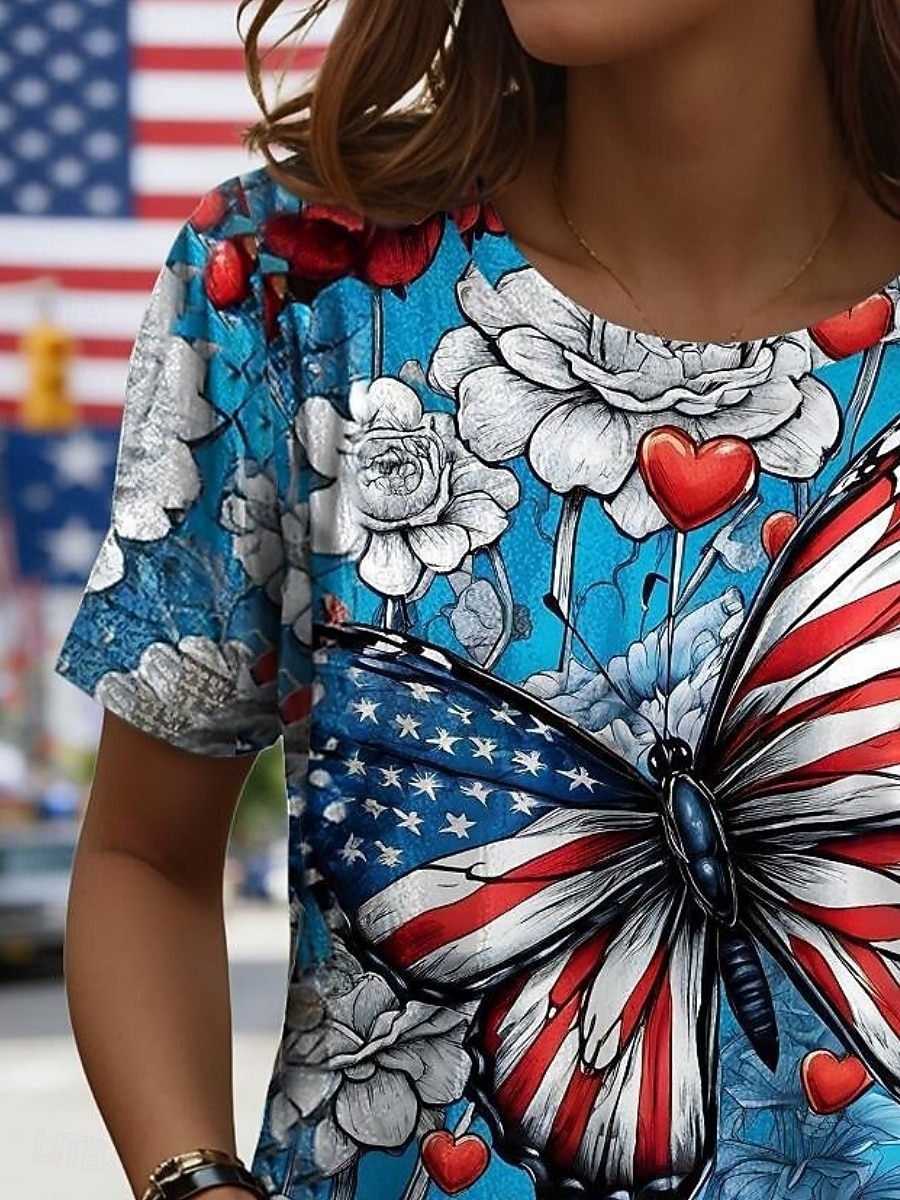 día de la independencia americana Mujer Camiseta Camiseta superior Graphic Mariposa Elegante Clásico Casual Manga Corta Cuello Barco Tops regulares Diario Noche Fin de semana Azul Piscina Verano 2026 - $14.99 –P2