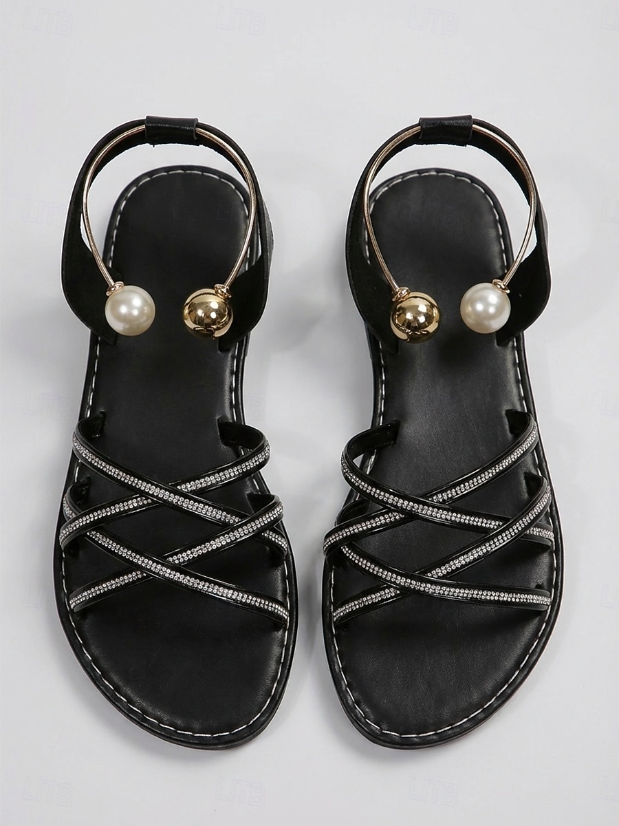Women's Elegant Black Strappy Sandals - Comfortable Flat Summer Slides with Sparkling Rhinestones & Ankle Strap for Luxury Hotel Stays, Poolside Parties & Resort Vacations 2026 - $24.99 –P3