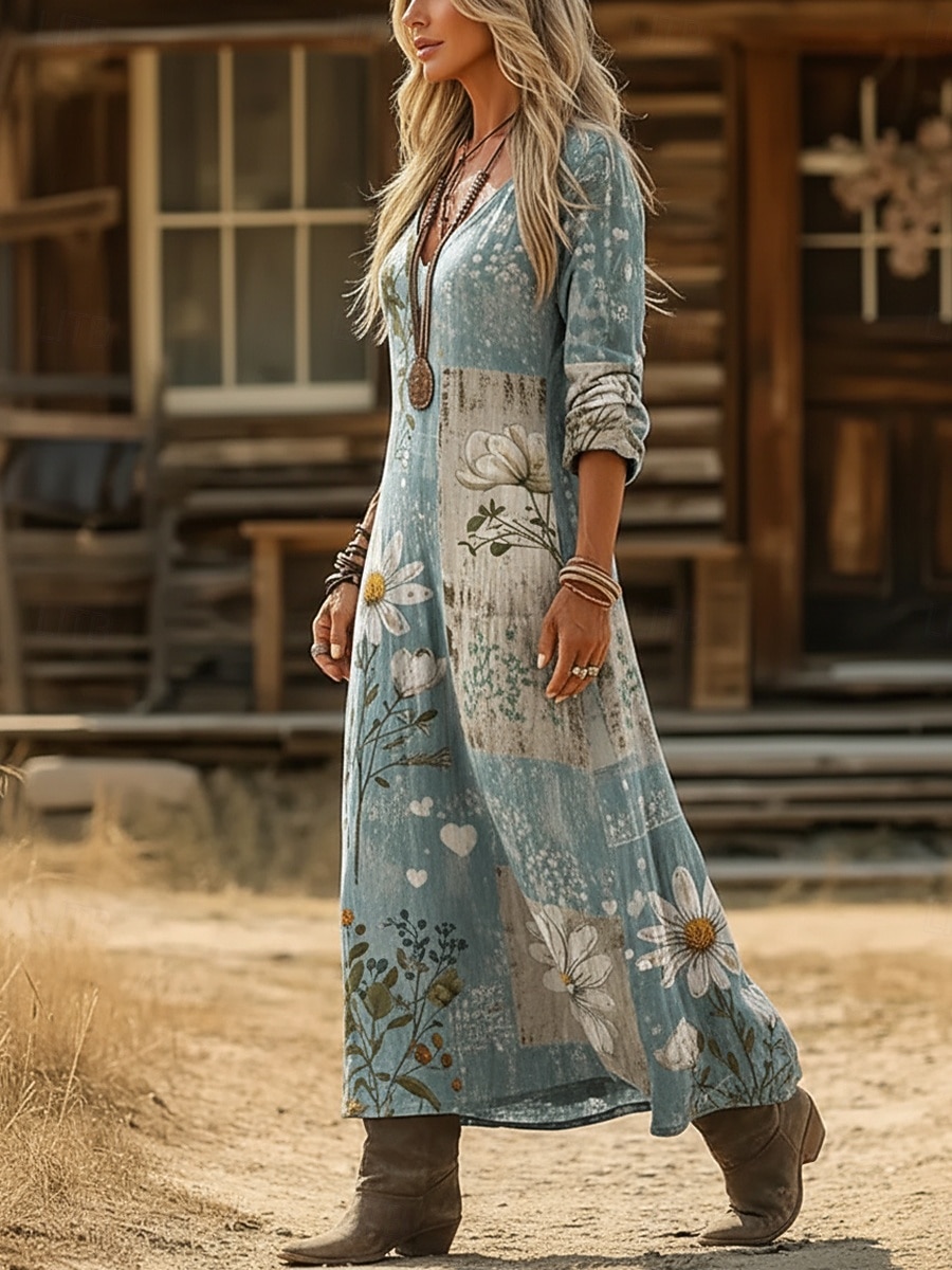 Per donna Abito maxi Abito Boho Abito Vintage Vestito Casual Vintage Quotidiano All'aperto Vacanza Vestibilità regolare Floreale Manica Lunga Scollo a V Blu Giallo Chiaro Verde chiaro Viola chiaro del 2026 a $37.99 –P3