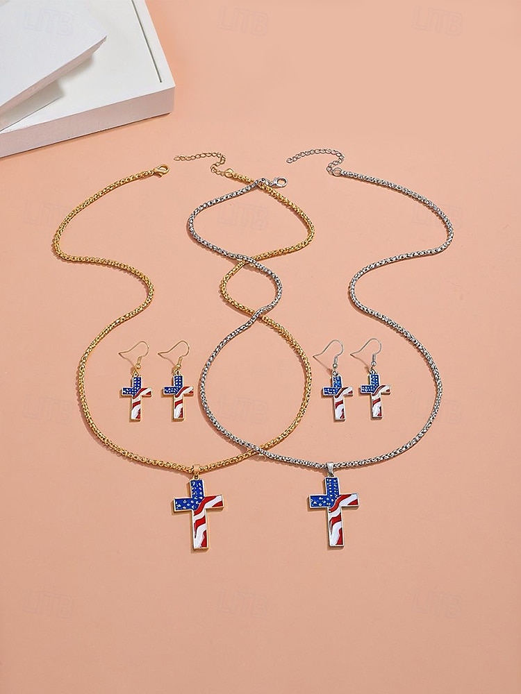 Damesketting en oorbellen met kruisje van legering, gouden en zilveren patriottische sieraden, oorbellen met hanger in de vorm van een Amerikaanse vlag, perfect voor de 250e verjaardag van de VS, Onafhankelijkheidsdag, casual kleding en vakantie. 2026 - $7.99 –P4