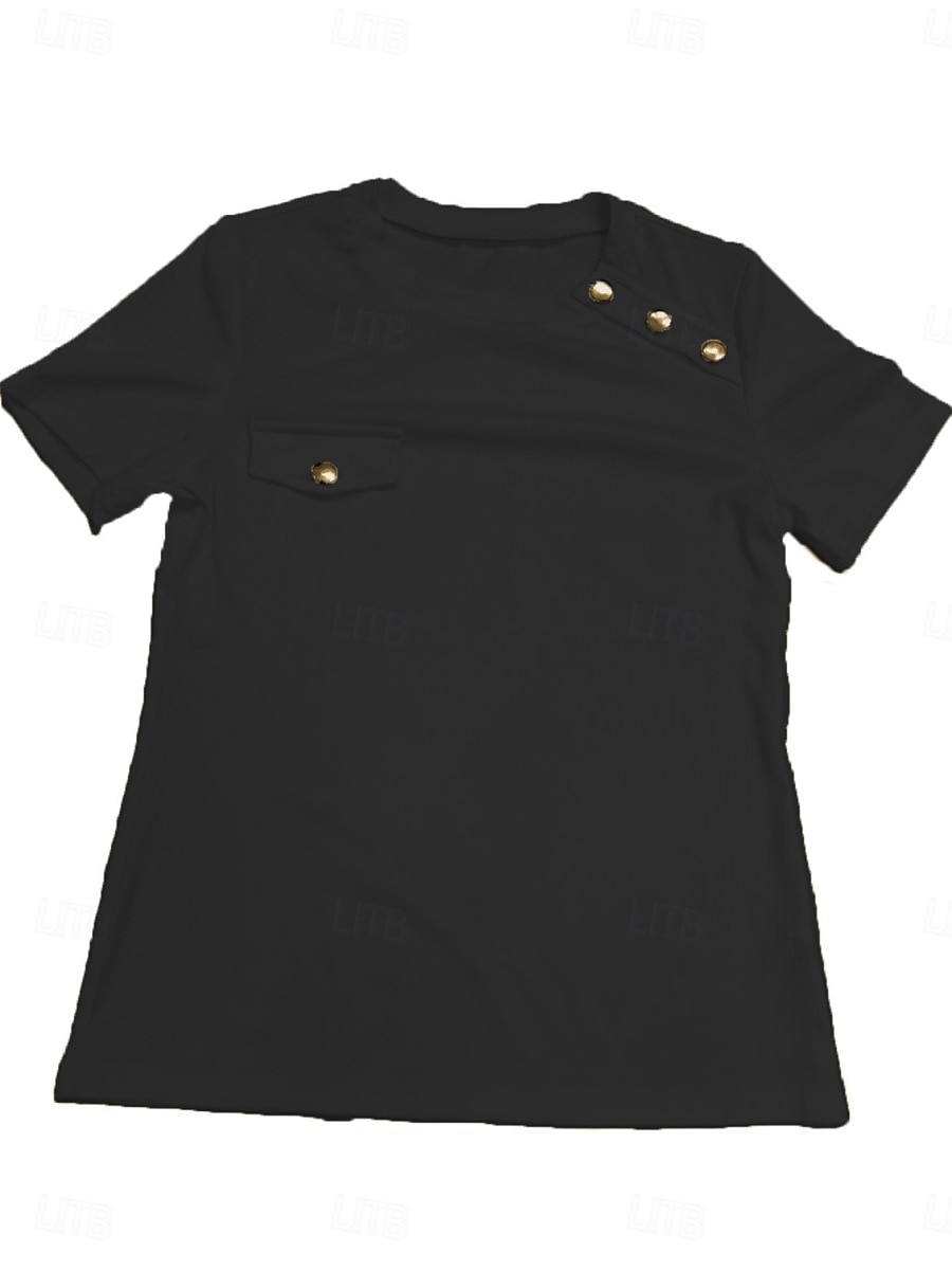 Mujer Camiseta Camiseta superior Botones Plano Moda Elegante Clásico Manga Corta Cuello Barco Tops regulares Diario Noche Fin de semana Negro Blanco Rojo Azul Marino Marrón Verano Primavera 2026 - $19.99 –P7