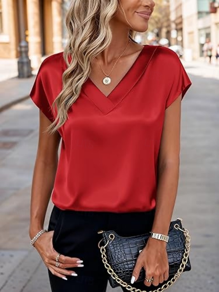 Damen Satin-Top Bluse Einfarbig Stilvoll Basic Lässig Kurzarm V Ausschnitt Normale Oberteile Täglich Blau Schwarz Weiß Champagner Rote Sommer Frühling Herbst 2026 - $19.99 –P9
