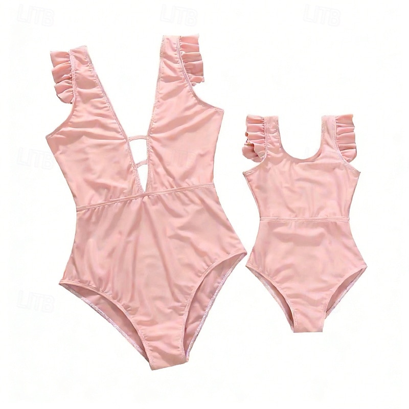 Mommy and Me Swimsuit Jumpsuit Solid Color Casual Ruched Black Pink Sleeveless Active Matching Outfits 2026 - $28.99 –P8