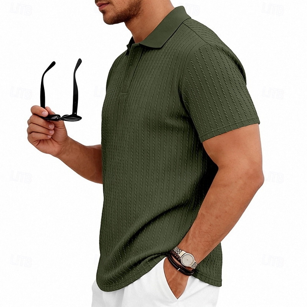 Herren Zopfstrick-Poloshirt Textur Geschäft Urlaub Revers Kurzarm Mode Modern Einfach Knöpfe Atmungsaktiv Sommer Frühling Schwarz Weiß Wein Marineblau Grün Khaki Zopfstrick-Poloshirt 2026 - $21.99 –P17