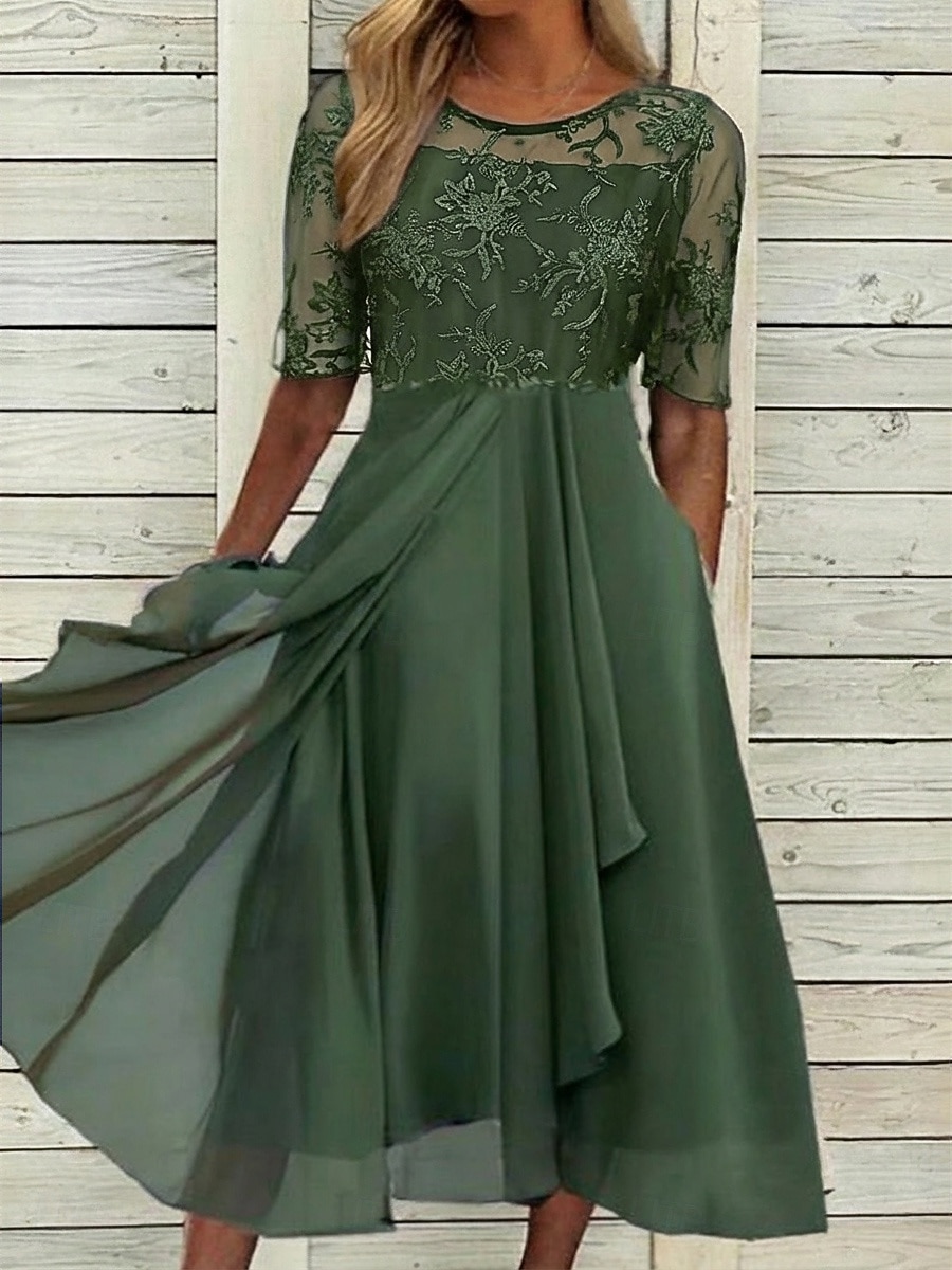Damen Midikleid Spitzenkleid Cocktailkleid Kleid für Hochzeitsgäste Chiffonkleid Elegant Formell Party Hochzeit Normale Passform Halbarm Rundhalsausschnitt Blau Rosa Wein Dunkelgrün Sommer 2026 - $44.99 –P4