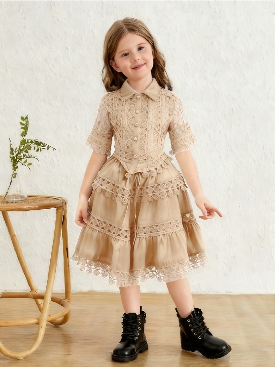 2 Pieces Kids Girls' Solid Color Lace Dress Suits Set Short Sleeve Fashion Outdoor 4 years+ Summer Blue White Pink 2026 - $40.99 –P9