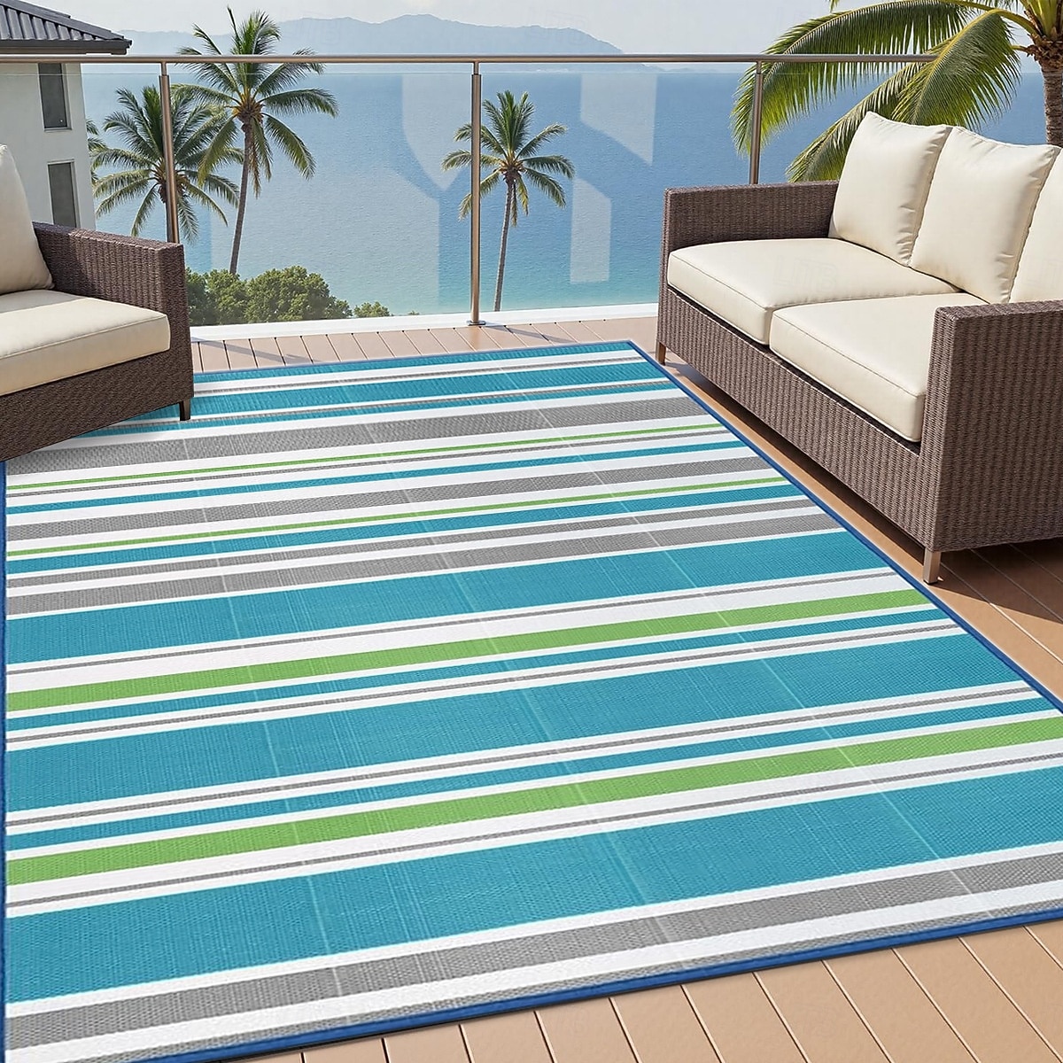 vanntett utendørsteppe 1,5 x 2,4 m, vendbart plastteppe, moderne teppe, stor gulvmatte for utendørs bruk, bobil, terrasse, bakgård, dekk, piknik, strand, camping, blå &grønn 2026 - $51.99 –P4