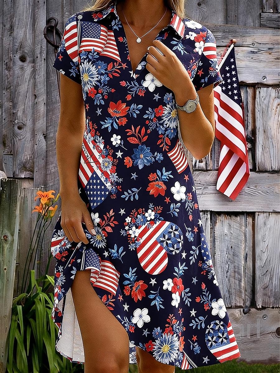 Amerikanischer Unabhängigkeitstag Damen Minikleid A Linie Kleid Urlaub Lässig Strand Normale Passform Grafik Flagge Kurzarm V Ausschnitt Schwarz Weiß Rote Sommer Frühling 2026 - $29.99 –P2