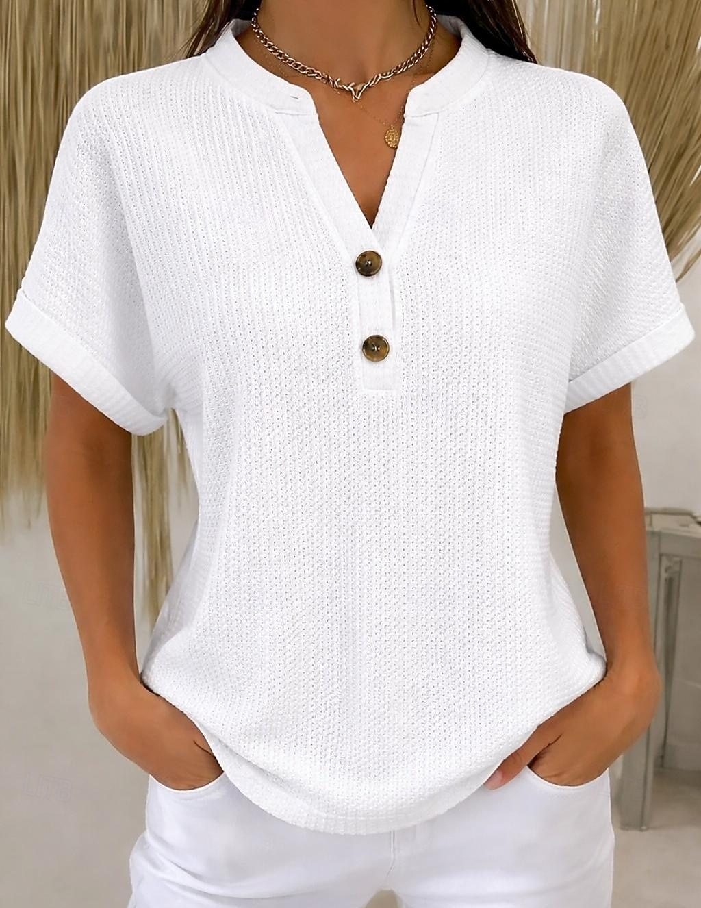 Femmes Tee-shirt Gaufre T-shirt Boutons Devant Manchette roulée Élégant Occasionnel Manche Courte Col en V Hauts Réguliers Quotidien Sortir Vêtements de vacances Blanche Kaki Été Printemps de 2026 ? $21.99 –P1