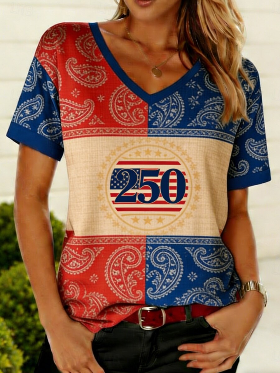 Jour de l'Indépendance Américaine Femmes T-shirt Imprimé Graphique Drapeau Américain Bohème ancien Élégant Manche Courte Col en V Hauts Réguliers Quotidien Sortir Week-end Bleu Rouge Kaki Ét de 2026 ? $17.49 –P2