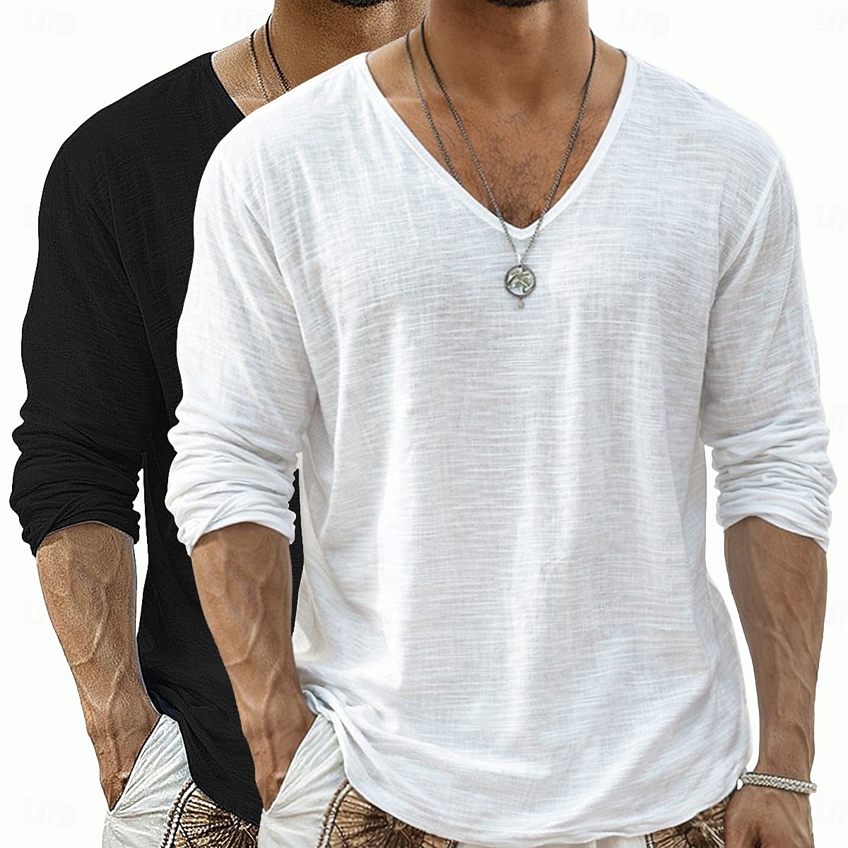 2 st herrtröja i linne med lång ärm, v-ringning, sommar, vår, vår &sommar enfärgad enfärgad daglig avslappnad gatustil 2-delad enfärgad flerpack avslappnad utomhus gatustil rosa lila rosa grön topp 2026 - $34.99 –P11