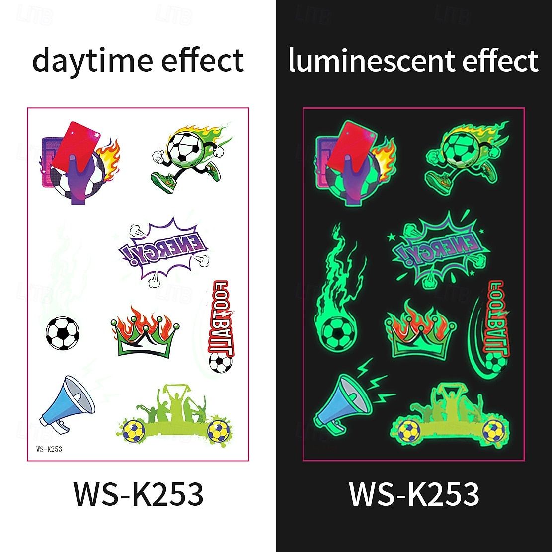 10 db sötétben világító foci ideiglenes tetoválás, neonzöld reaktív, vízálló &könnyen eltávolítható testfesték, játékosokkal, trófeákkal, lángokkal díszítve, tökéletes fociparti ajándékok &ajándékok 2026 - $9.99 –P10