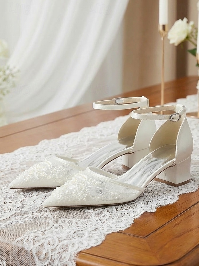 Zapatos de tacón de bloque azul marino para mujer con bordado de encaje y detalles de cuentas, elegantes zapatos para la madre de la novia para bodas en la ciudad, zapatos de tacón de punta para 2026 - $64.99 –P1