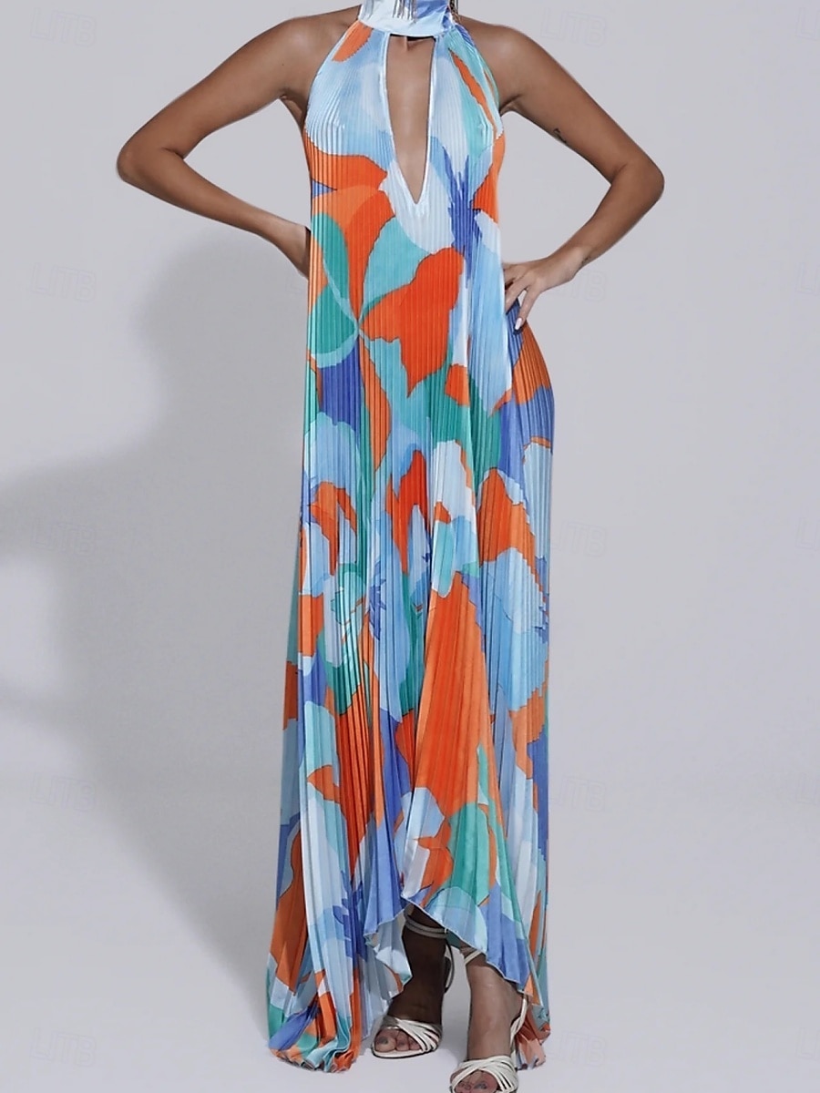 Dames Maxi-jurk Swingjurk Bloemetjesjurk Jurk met halternek Elegant Modieus Modern Buiten Vakantie Feest Ruim Passend Bloemig Mouwloos Halternek Oranje Bruin Rode roos Zomer Lente 2026 - $32.99 –P7