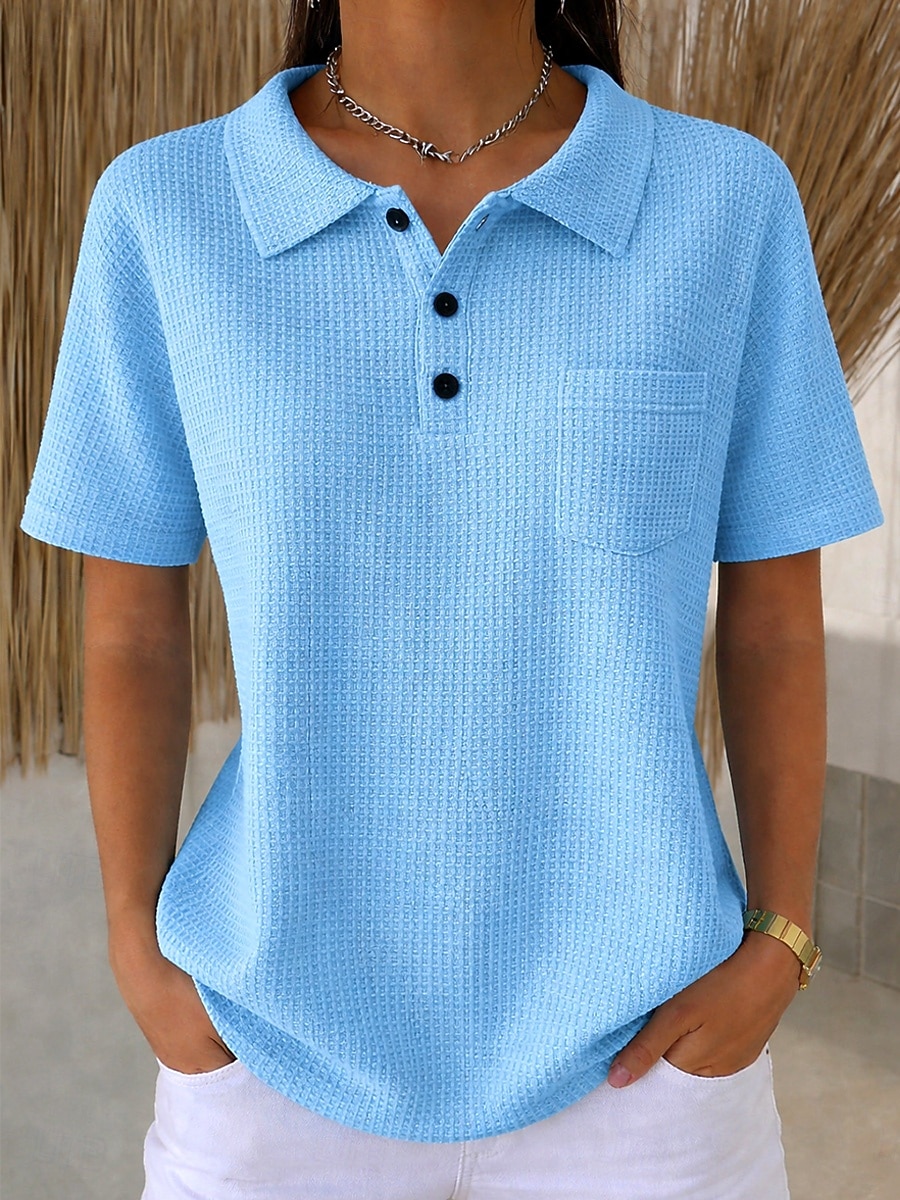 חולצת טוניקה ופל לנשים עם כפתורים חלקה וינטאג' מסוגננת קלאסית קצרה שרוולים צוואר עגול עליוניות ארוכות יומיות כחול ורוד כתום כחול בהיר קיץ אביב 2026 - $31.99 –P8