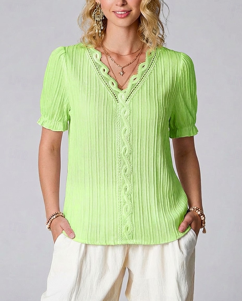 Women's T Shirt Lace Splicing Top Tee Top Lace Patchwork Plain Fashion Stylish Classic Short Sleeve V Neck Regular Tops Daily Going out Weekend Black White Yellow Purple Fuchsia Summer Spring 2026 - $17.49 –P1