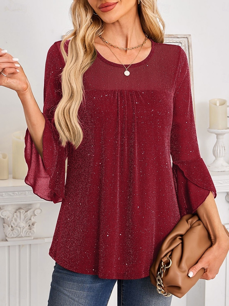 Dame Skjorte Bluse Netting عادي Stilfull Klassisk Moderne Langermet Crew-hals Vanlige topper Daglig Ferie Ut på byen Blå Svart Rød Grønn Sommer Vår 2026 - $28.99 –P12