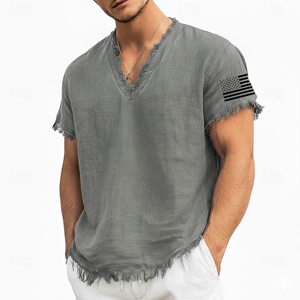 Men's American Flag Sleeve Printed Linen Cotton Blend V-Neck T-Shirt Raw Edge Summer USA Patriotic Beach Tee Frayed Soft Fashion Designer Top S-3XL 2026 - $24.99 –P3