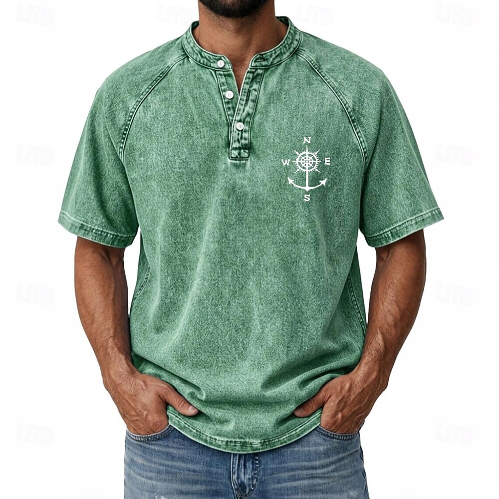 SoftFade™ Men's Demin Shirt 100% Cotton Acid Wash Shirt Henley Top Short Sleeve Vintage Distressed Casual Home Street Summer Spring Black Pink Light Green Gray Light Blue Stand Collar Henley 2026 - $31.99 –P6