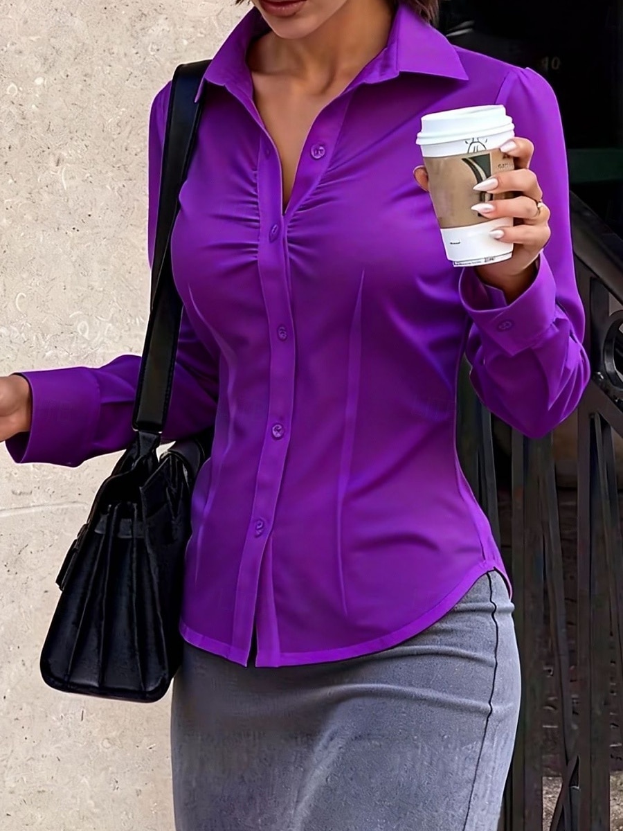 Femmes Chemise Chemise boutonnée Chemise Décontractée Froncé Boutons Uni Élégant Moderne Occasionnel manche longue Col de chemise Hauts Réguliers Quotidien Fête Sortir Noir Blanche Violet Gris Bleu de 2026 ? $21.99 –P3