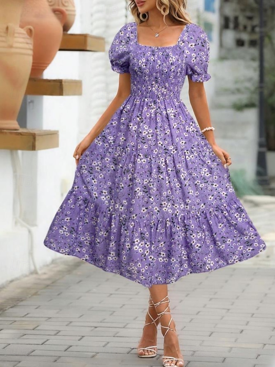 Women's Midi Dress Casual Dress Floral Dress Elegant Fashion Modern Outdoor Vacation Going out Regular Fit Floral Short Sleeve Square Neck Blue Black White Pink Summer Spring 2026 - $25.99 –P1