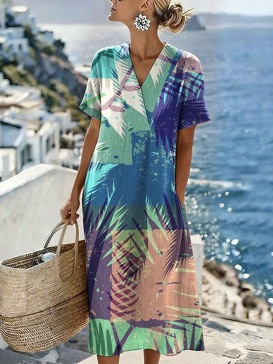 Women's Midi Dress Sundress Casual Dress Vacation Casual Beach Beach Party Loose Fit Graphic Leaf Geometric Short Sleeve V Neck Blue Yellow Purple Green Summer Spring 2026 - $39.99 –P3