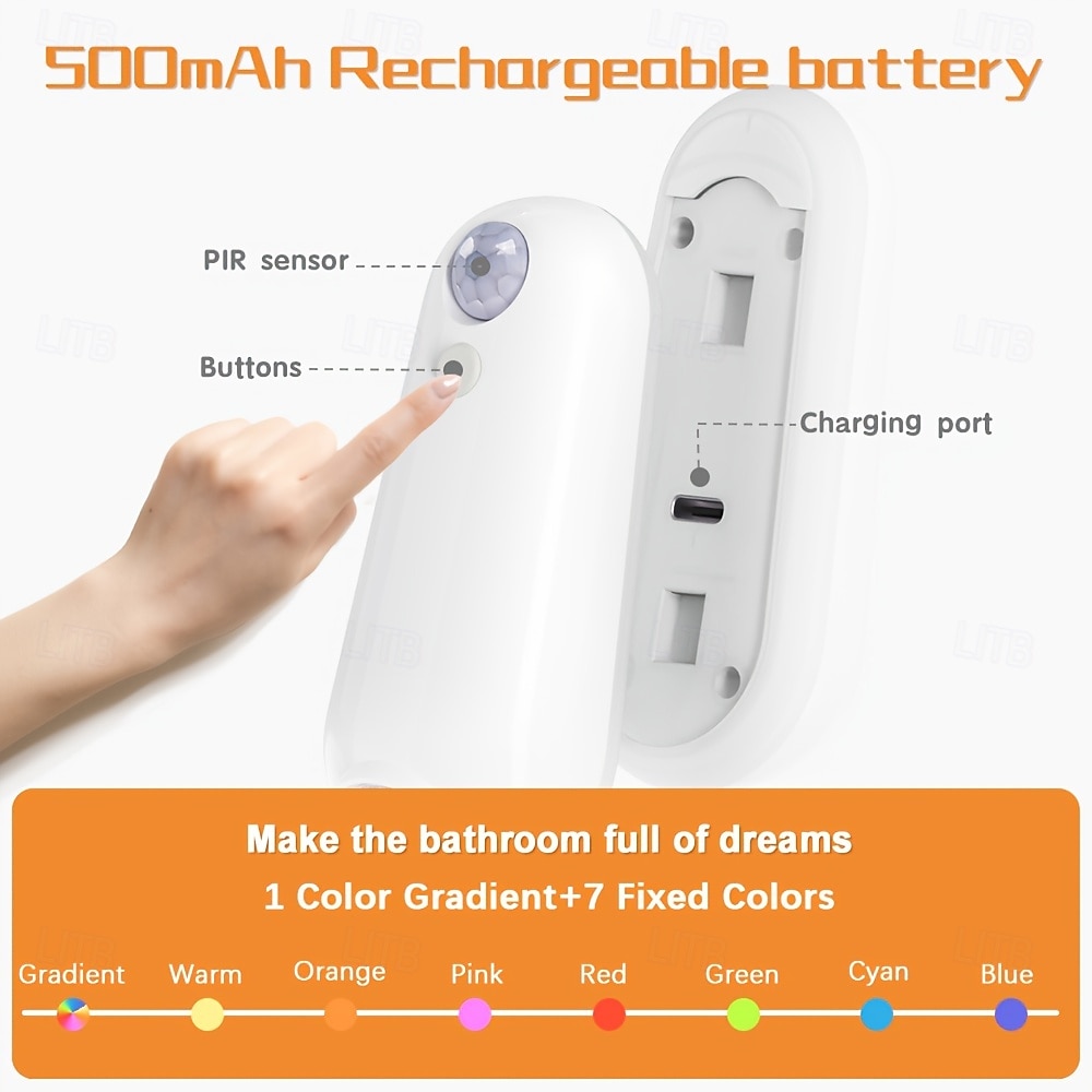 2026年 スマートモーションセンサー付きRGBトイレナイトライト2個セット、USB充電式、防水LEDランプ、屋内用、寝室、リビングルーム、階段、廊下、玄関、バスルームの間接照明  コレクション – $30.99 –P3