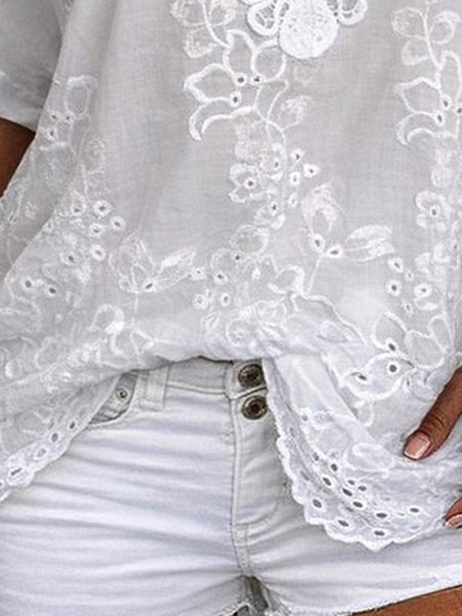 Dam Blus Spets Ensfärgat Stylish Ledigt Kortärmad V-hals Vanliga toppar Dagligen Blå Svart Vit Orange Grå Sommar Vår Höst 2026 - $9.99 –P5