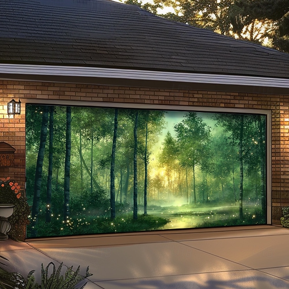 Zauberwald, Magie, leuchtend grüne Bäume, Sonnenlicht, Nebel, Teich, Naturlandschaft, Garagentorbanner, Wandbild, Garten, Hausfassade, Partykulisse 2026 - $49.99 –P2