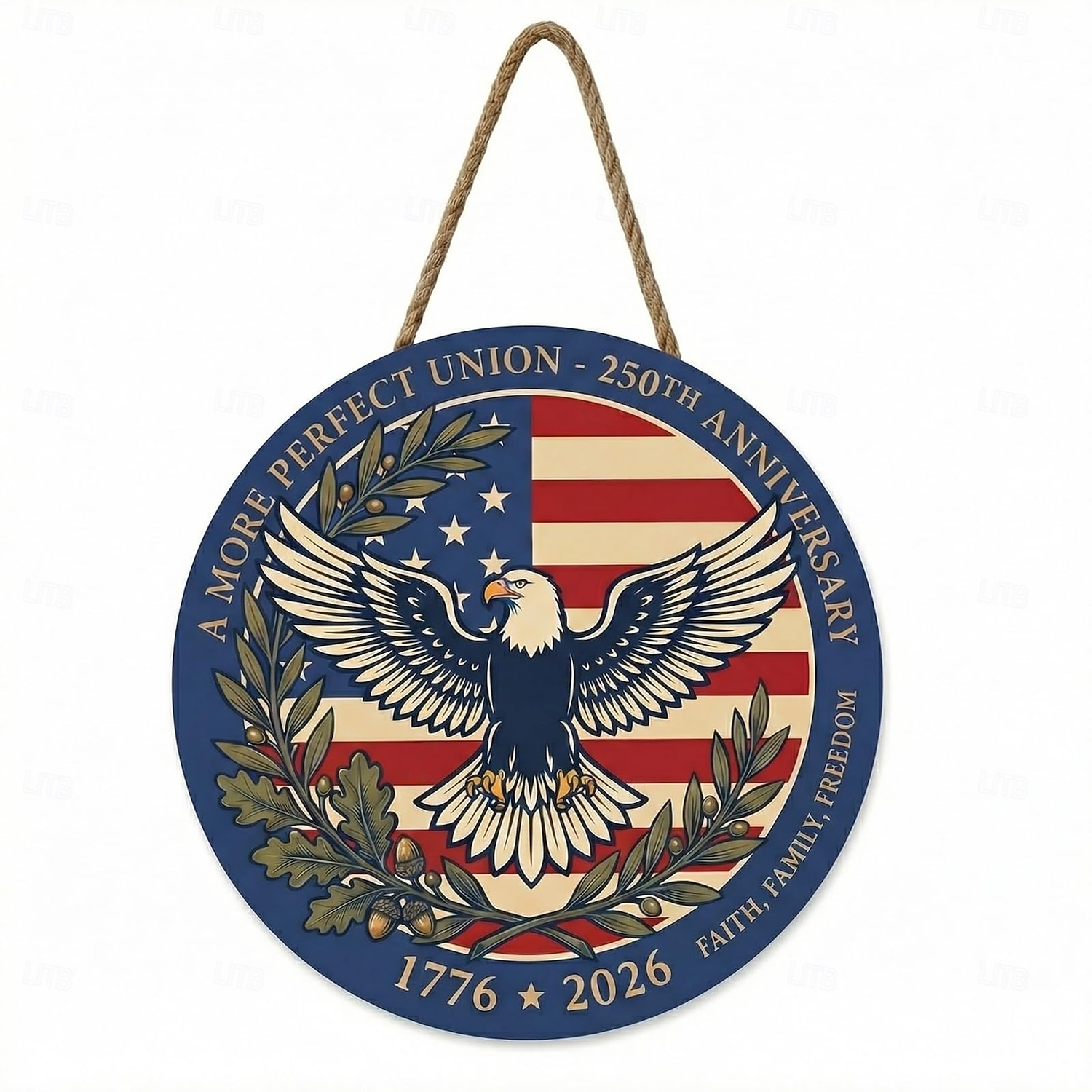 Az USA 250. évfordulójára készült fa ajtótábla – 30 cm-es kerek, fából készült tornácdísz kopasz sassal és zászlóval, hazafias július 4-i dekoráció, 1776–2026 közötti függetlenség napja 2026 - $12.99 –P1