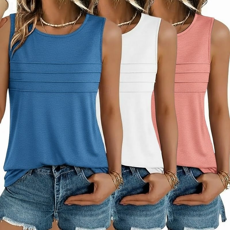 Mehrfachpackungen 3er-Pack Weiblich Rundhals Ärmellos schwarz+weiß+grün Tanktop Weste Ärmelloses Shirt Einfarbig Lässig Täglich Polyester Sommer 2026 - $38.99 –P3