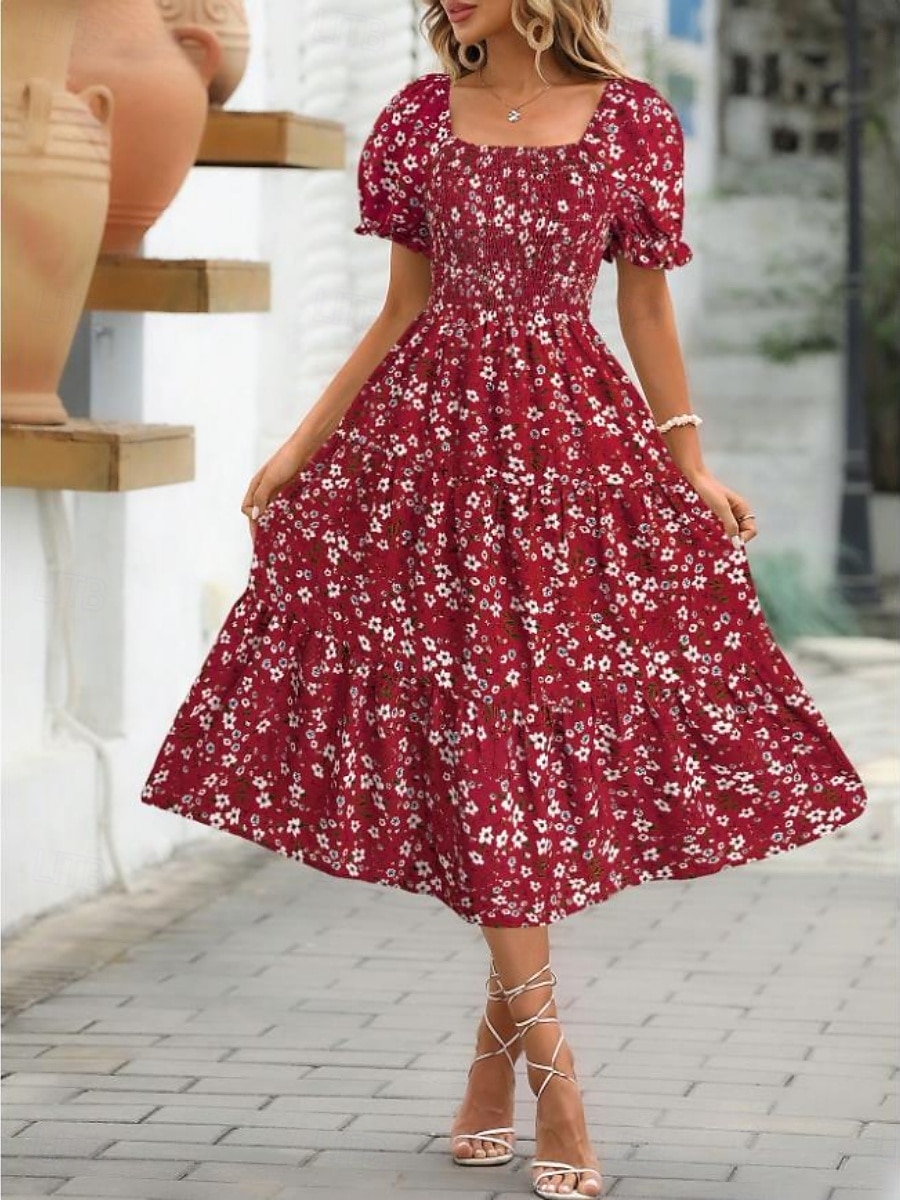 Women's Midi Dress Casual Dress Floral Dress Elegant Fashion Modern Outdoor Vacation Going out Regular Fit Floral Short Sleeve Square Neck Blue Black White Pink Summer Spring 2026 - $25.99 –P4