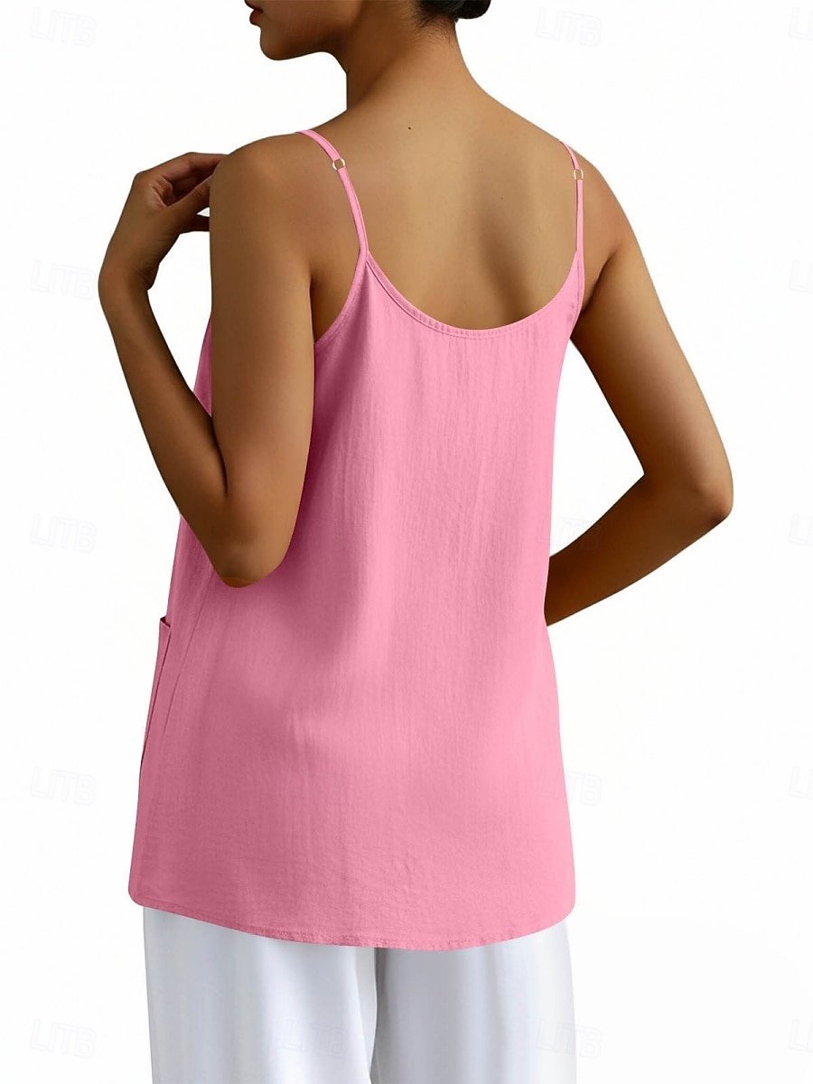 Regata feminina com bolso, lisa, moderna, elegante, clássica, sem mangas, gola redonda, ideal para uso diário, passeios e fins de semana. Cores: azul, preta, branca, amarela, rosa. Verão e primavera. de 2026 por $18.49 –P8