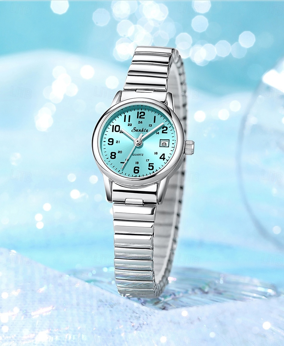 Montre femme facile à lire, à quartz, avec bracelet extensible en acier inoxydable, cadran bleu turquoise avec affichage de la date, étanche, élégante et décontractée, idéale comme cadeau pour femme de 2026 ? $18.99 –P13