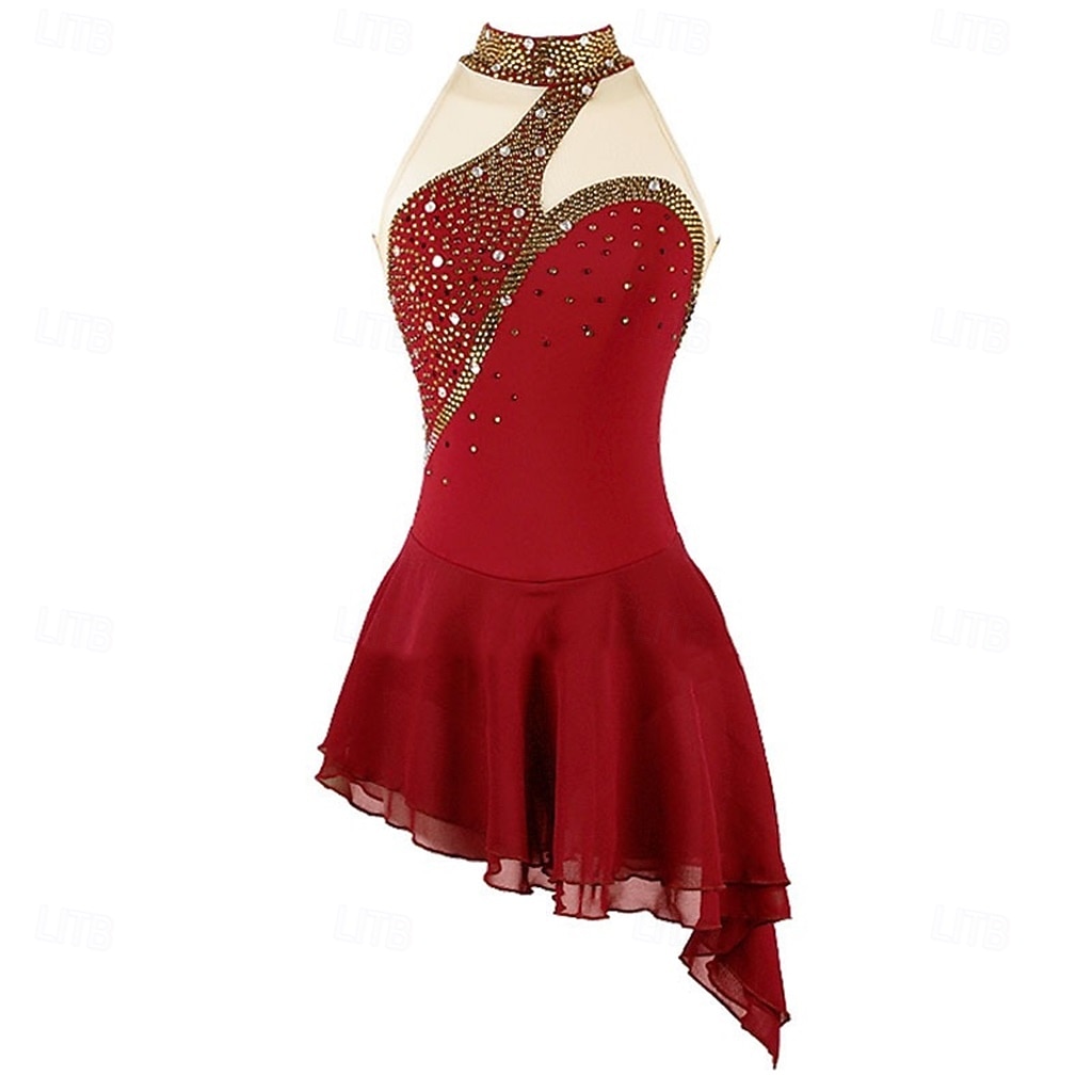 Figure Skating Dress Girls' Ice Skating Dress Violet Navy Black Patchwork Asymmetric Hem Stretchy Training Competition Skating Wear Classic Crystal / Rhinestone Sleeveless Ice Skating Figure Skating 2026 - $199.99 –P8