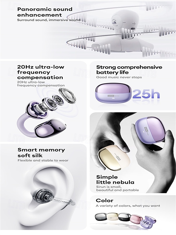 Lenovo draadloze oordopjes met open oorclip, Bluetooth 5.3 hoofdtelefoon met oplaadcase, 25 uur speeltijd, compact &Krachtig geluid, ingebouwde microfoon, comfortabele oordopjes voor sport, training, 2026 - $36.99 –P3