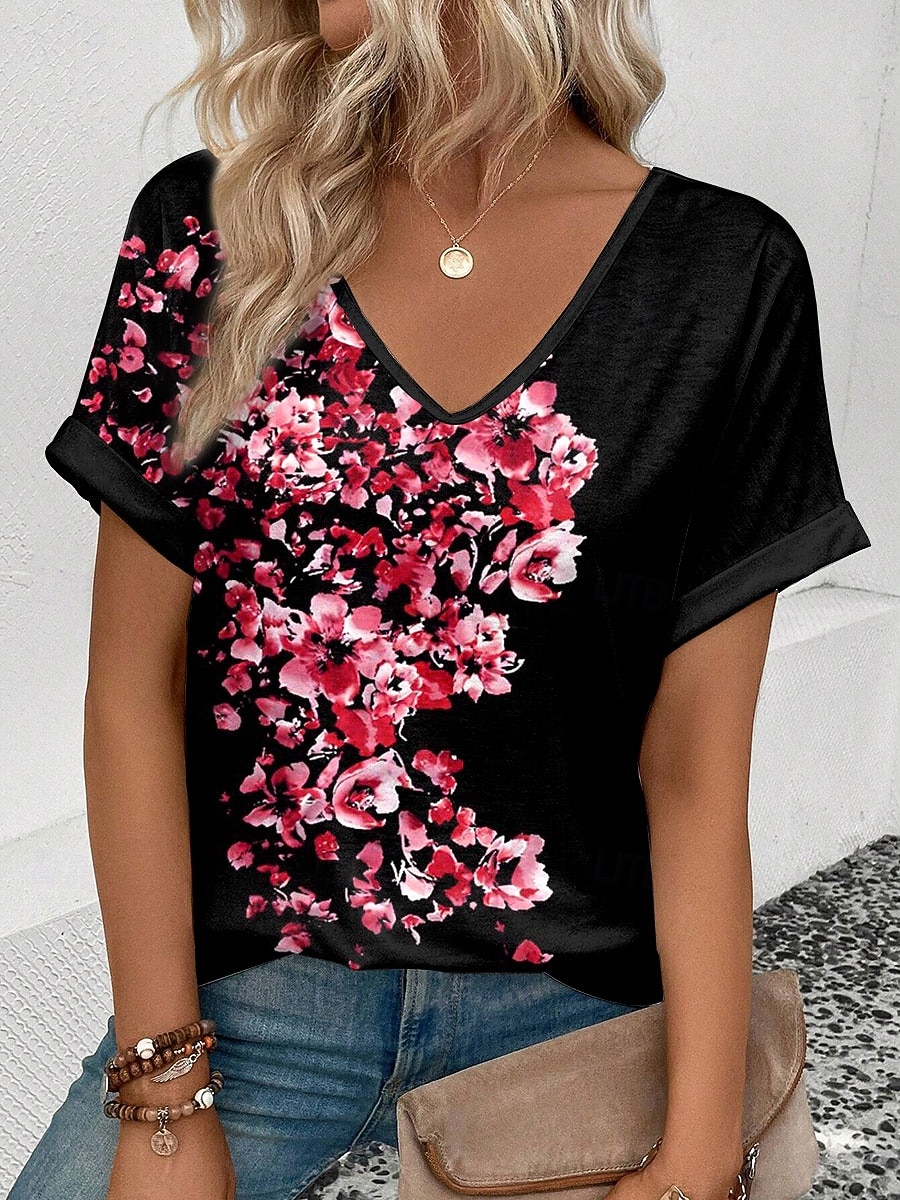Mujer Camiseta Estampado Floral Graphic Vintage Elegante Clásico Manga Corta Escote en Pico Tops regulares Diario Fin de semana Ropa de vacaciones Azul Piscina Rojo Morado Verde Trébol Verano 2026 - $21.99 –P4