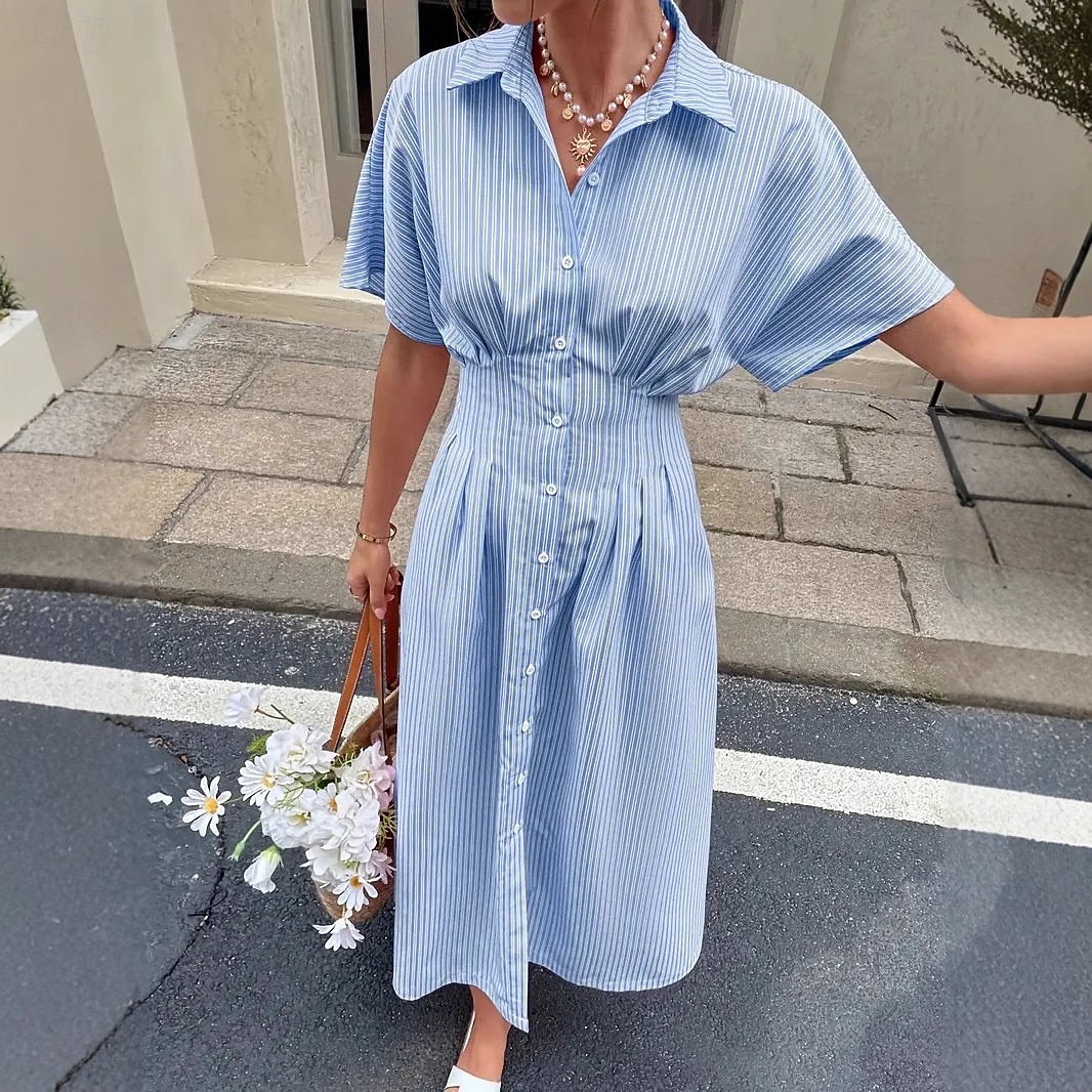 Dam Midiklänning Vardagsklänning A linjeklänning Elegant Strand Normal Grafisk Rand Kortärmad Tröjkrage Blå Gul Rodnande Rosa Grå Sommar Vår 2026 - $44.99 –P1