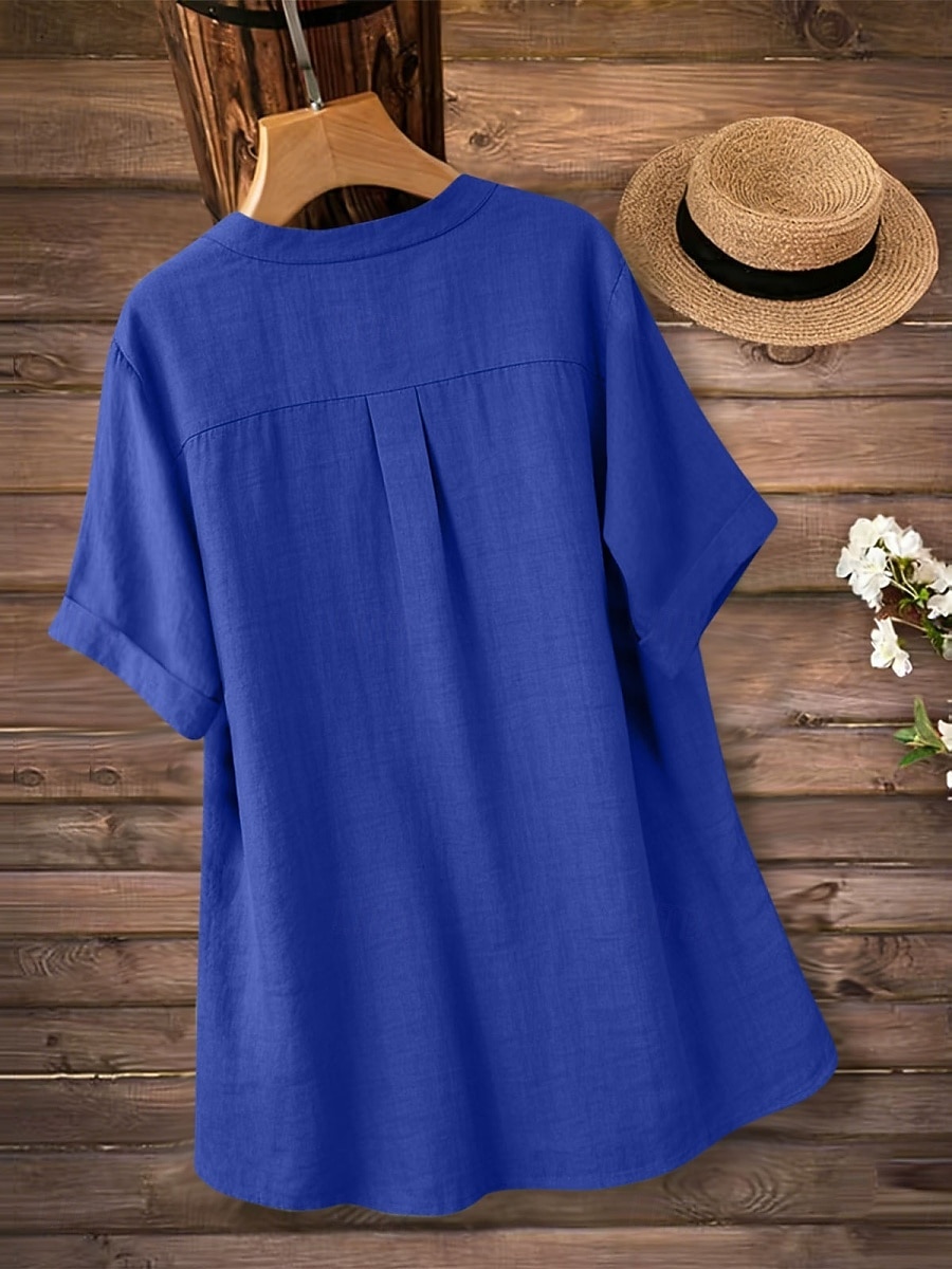 Dames Overhemden met linnenlook Blouse Overhemd van imitatie linnen Knop Effen Kleur Dagelijks Stijlvol Basic Halve mouw V-hals Normale tops Dagelijks blauw Zwart Geel Rood Paars Zomer Lente Herfst 2026 - $22.99 –P8