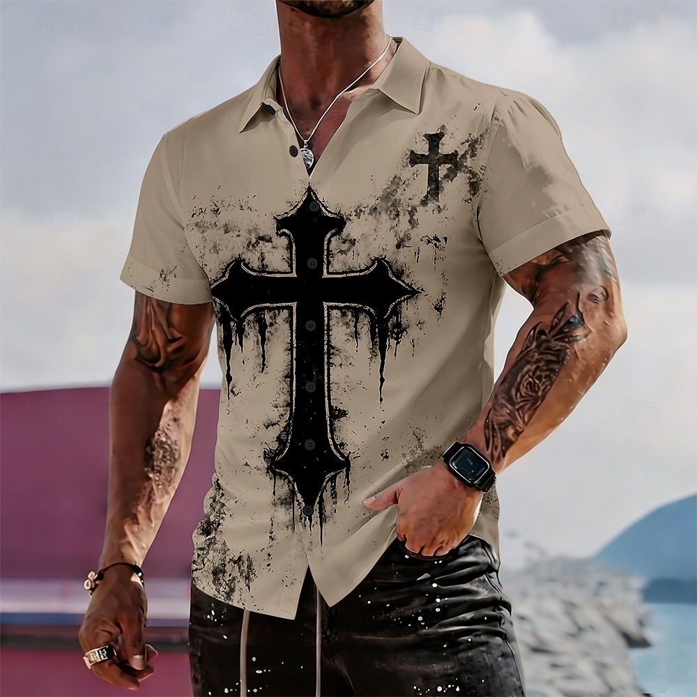 Herren Kreuz Religion Hemd Freizeithemd Knopfhemd Langarm Vintage-Retro Streetwear Urlaub Sommer Frühling Umlegekragen 3D-Druck Hemden mit Kragen Blau Weiß Purpur Khaki 2026 - $25.99 –P4