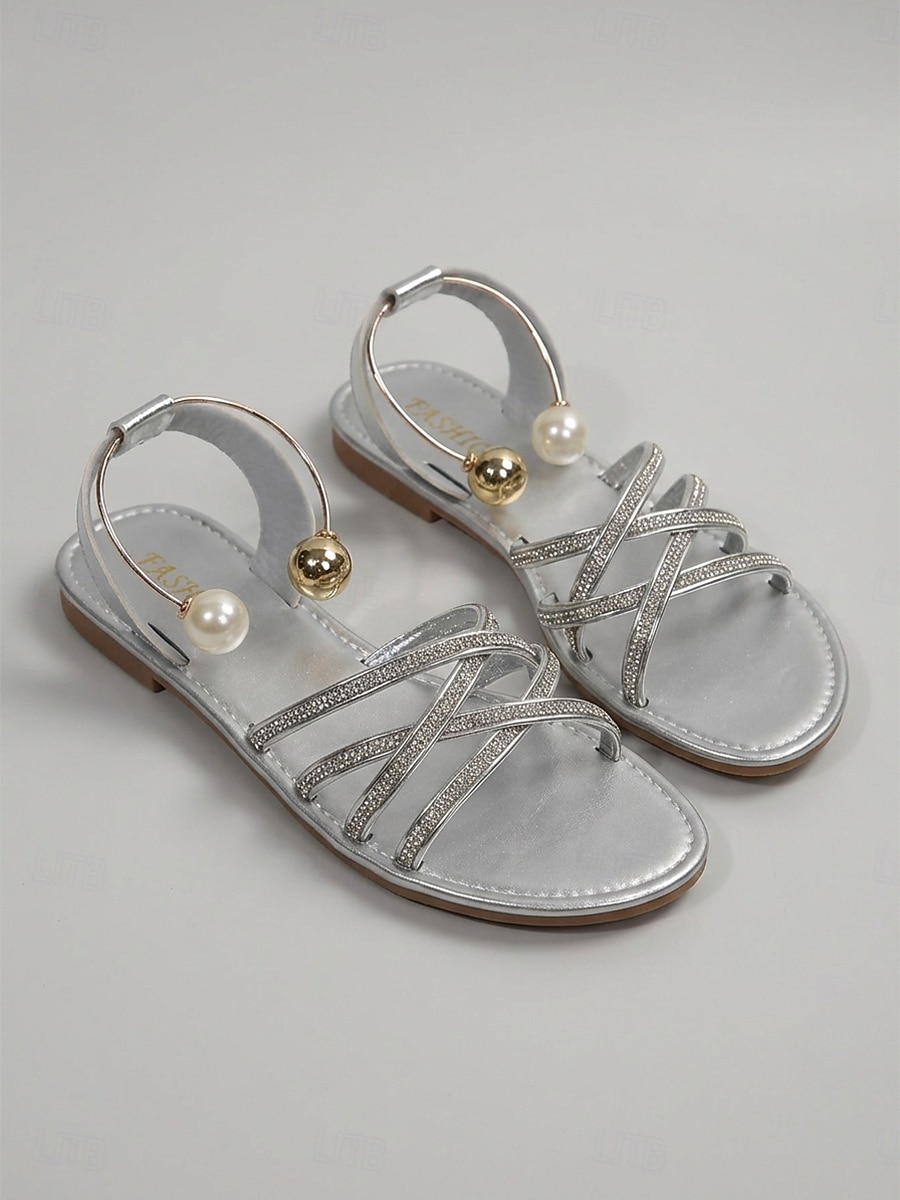 Women's Elegant Black Strappy Sandals - Comfortable Flat Summer Slides with Sparkling Rhinestones & Ankle Strap for Luxury Hotel Stays, Poolside Parties & Resort Vacations 2026 - $24.99 –P5