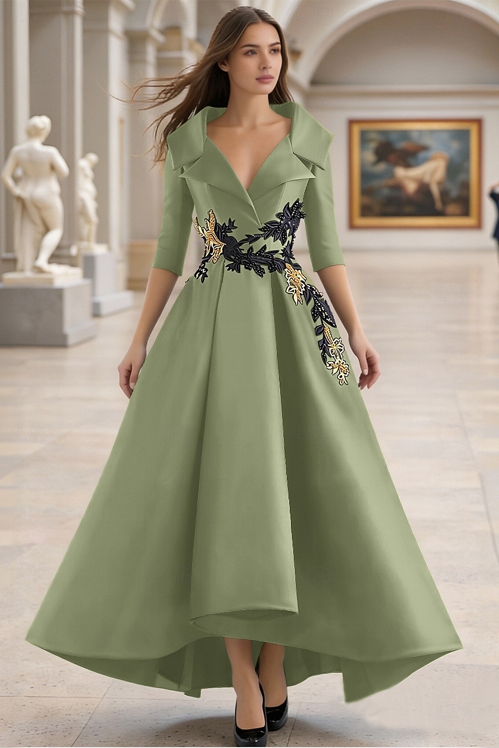 Linha A Longo Vestido formal Vestidos de noite Elegante Manga Longa Decote V Carnaval Formal Bolsos Cetim com Miçangas Apliques de 2026 por $195.99 –P11