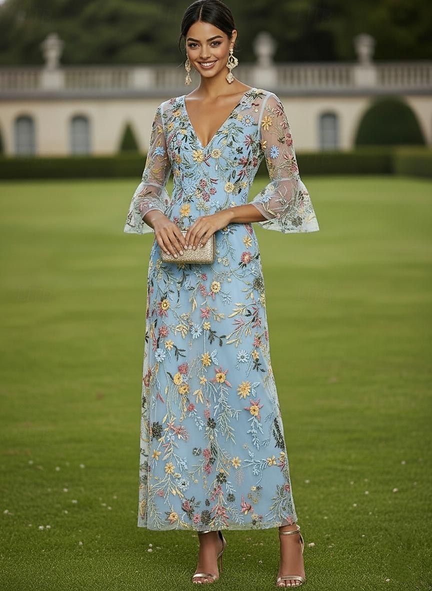 Linea ad A Abito Lunghezza al pavimento Abito in Pizzo Vestito da Festa Abito da Cocktail Abito da cerimonia per signora Mezza Manica Scollo a V Elegante Vintage Lussuoso Formale Ospite di nozze del 2026 a $171.99 –P1