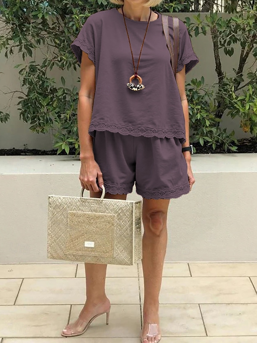 Women's Cotton Blend Shorts Sets Short Sleeve Round Neck Plain Patchwork Lace Trims Elegant Fashion Streetwear Casual Daily Outdoor Black Purple Khaki Summer Regular Fit 2026 - $37.99 –P5