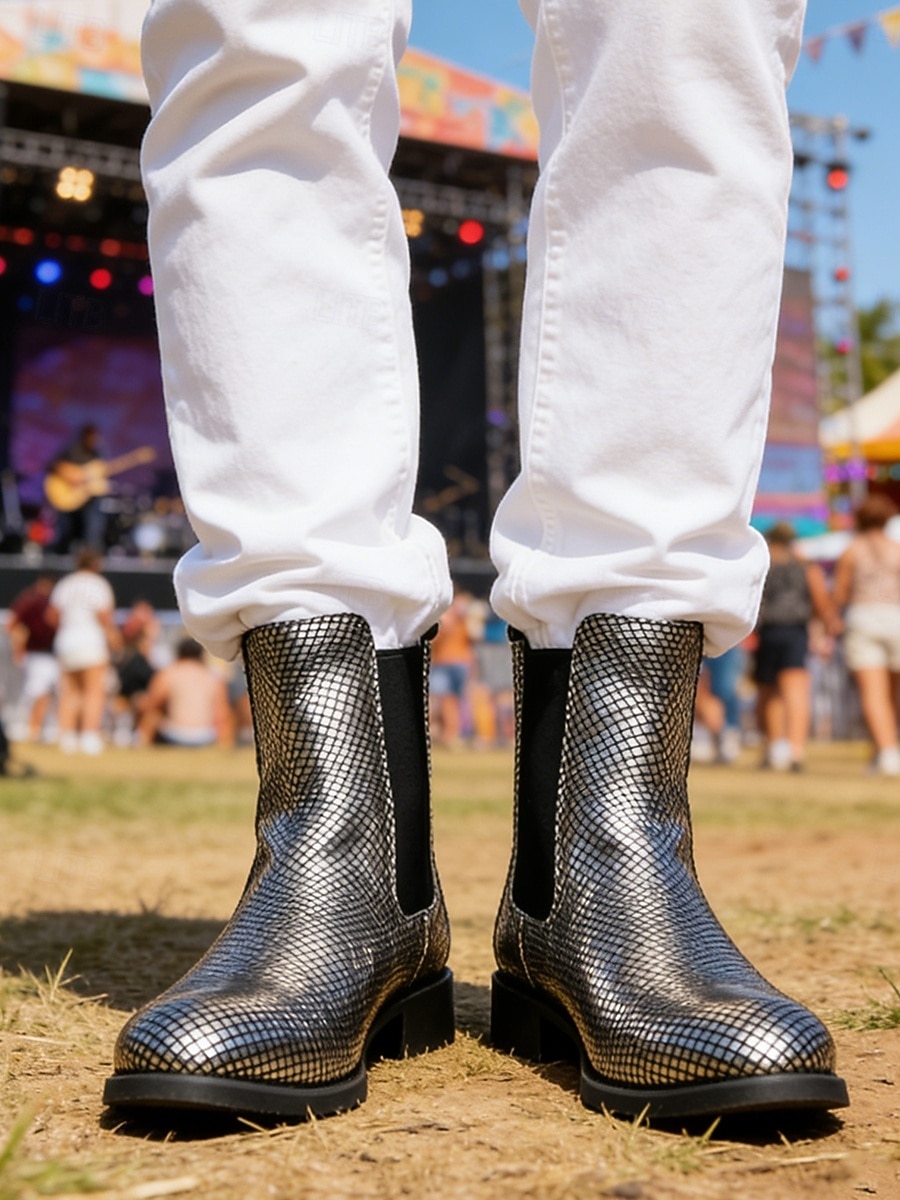Metallic zilveren Chelsea boots voor heren met spitse neus, modieuze enkellaarsjes voor muziekfestivals, podiumoptredens, concerten, feestjes, streetstyle en opvallende mode-looks. 2026 - $59.99 –P4