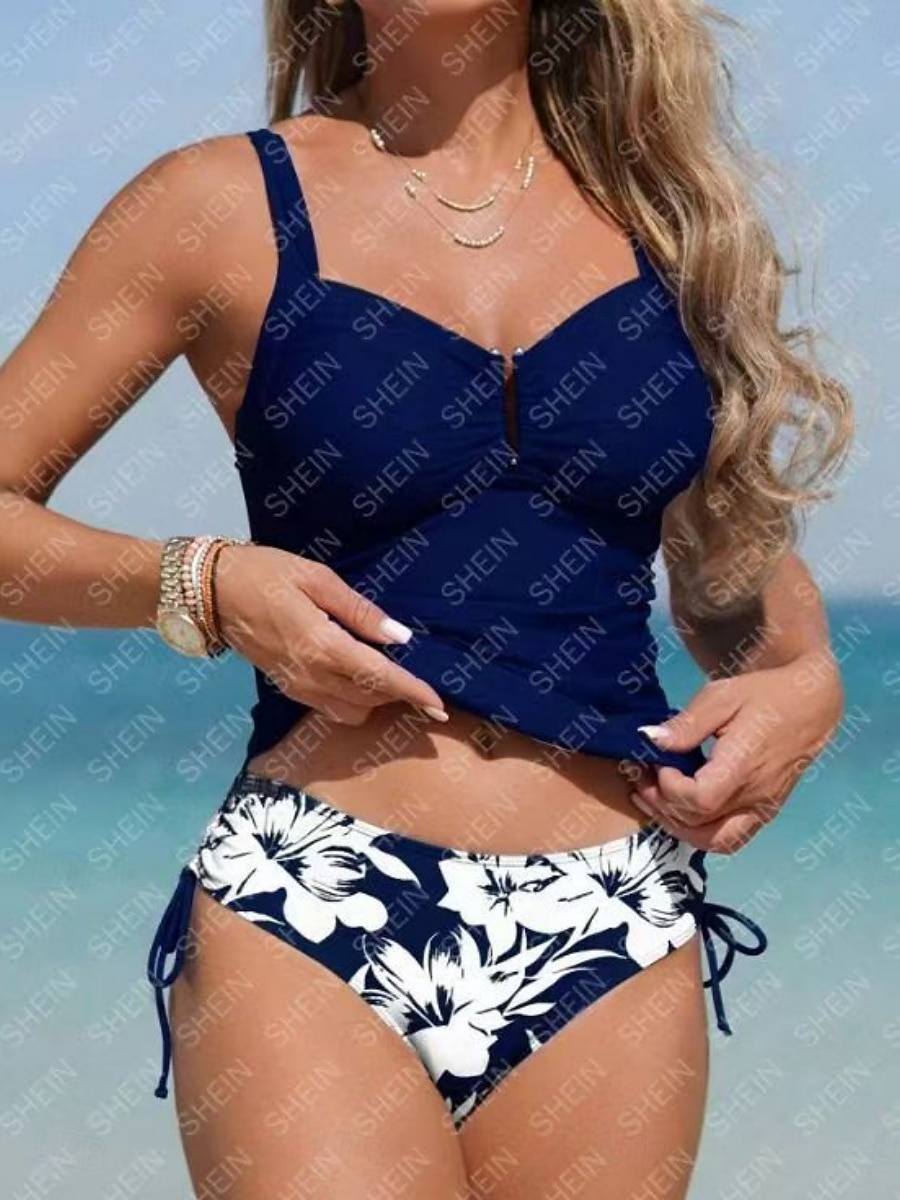 Mujer Bañadores Tankini 2 piezas Pícaro Traje de baño Control de barriga Alta cintura Delgado Espalda al Aire Vacaciones Ropa de playa Floral Escote en Pico Sin Mangas Trajes de baño 2026 - $24.99 –P11