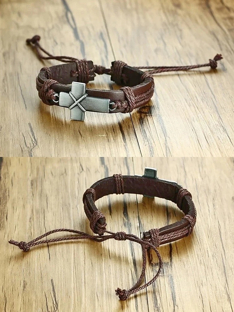 Herrarmband med bohemiskt kors i läder, äkta läder och legering, vintage-stil, justerbar längd, svart och brunt, perfekt för utomhusresor, vardagsbruk och fritidsbruk 2026 - $7.99 –P9